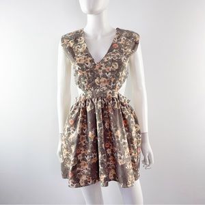Moon Collection Brown Gray Floral Denim Mini Dress with Cut Outs Size XS